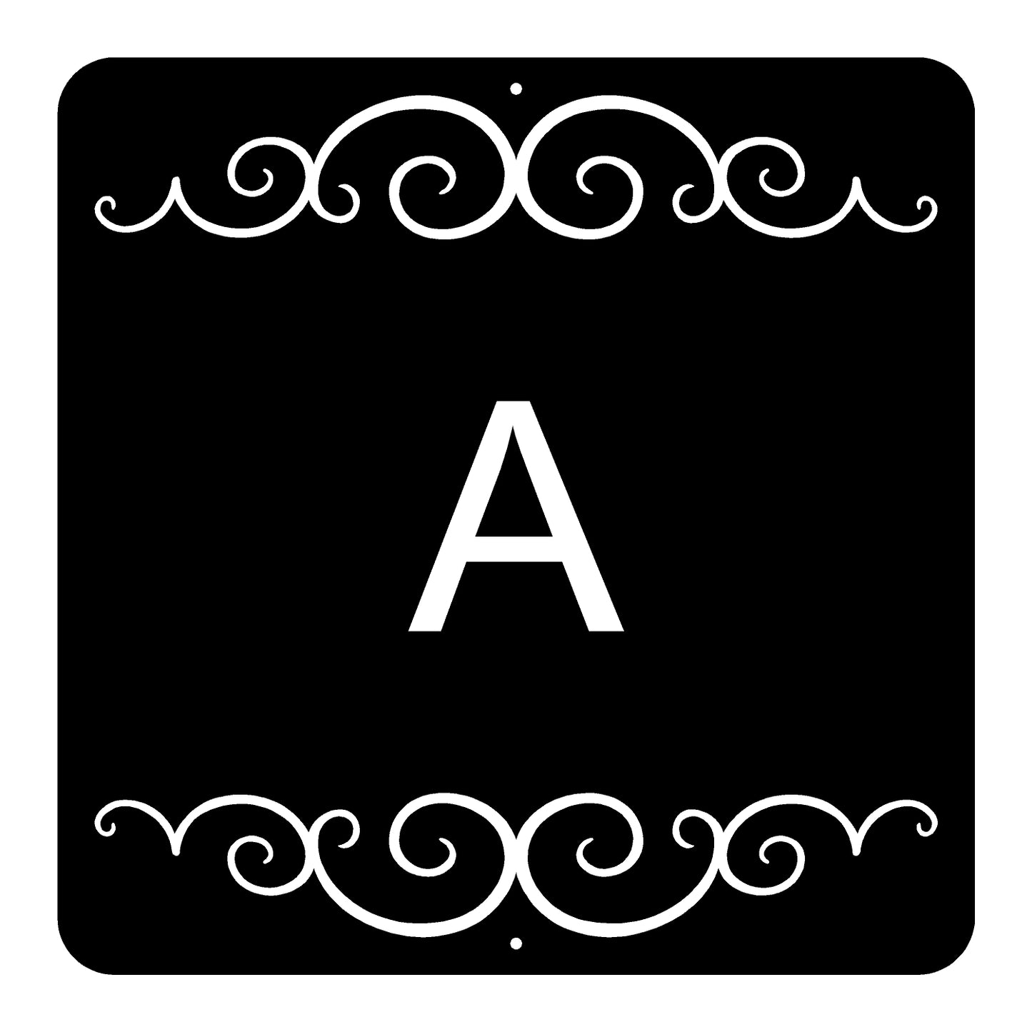 Black square with white decorative border and letter 'A'