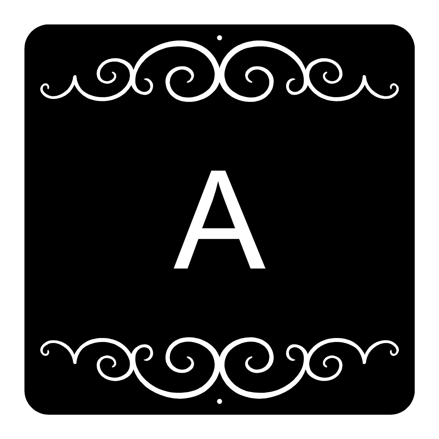 Black square with white decorative border and letter 'A'