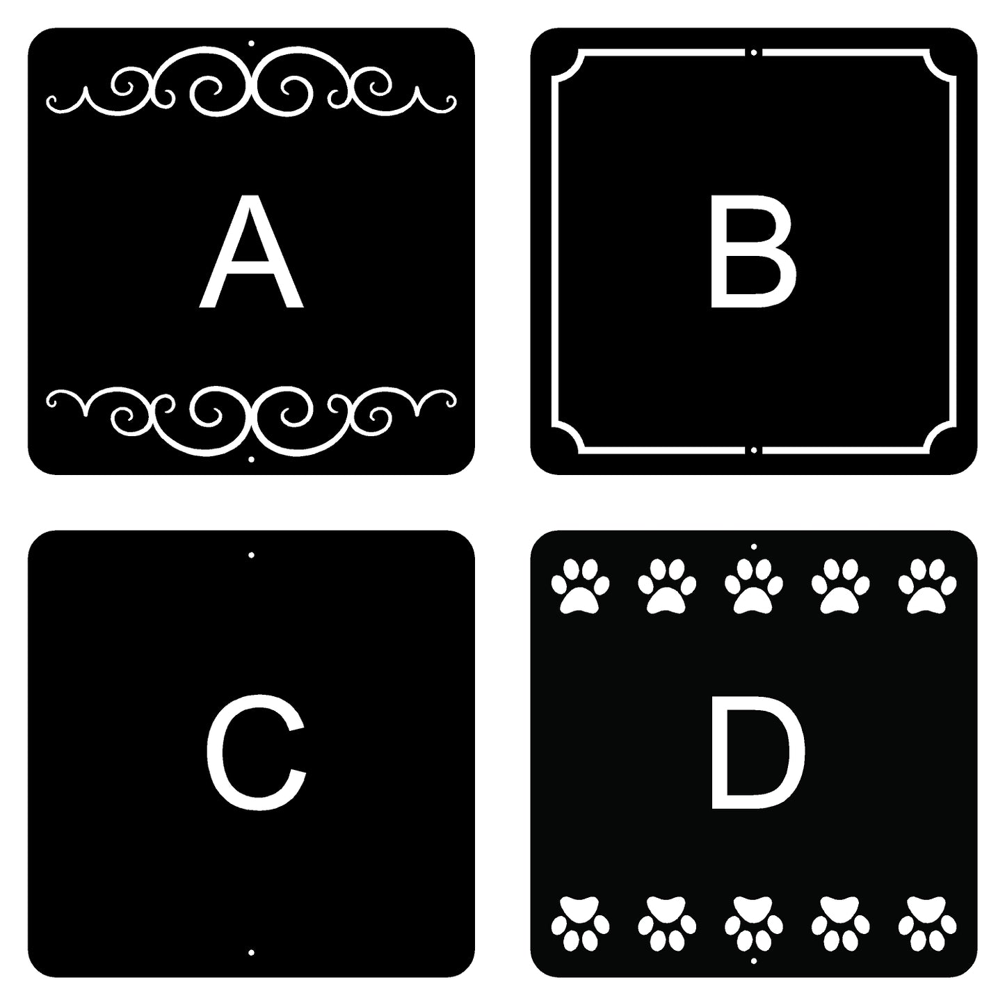 Four black square signs with white lettering and decorative elements on a white background.