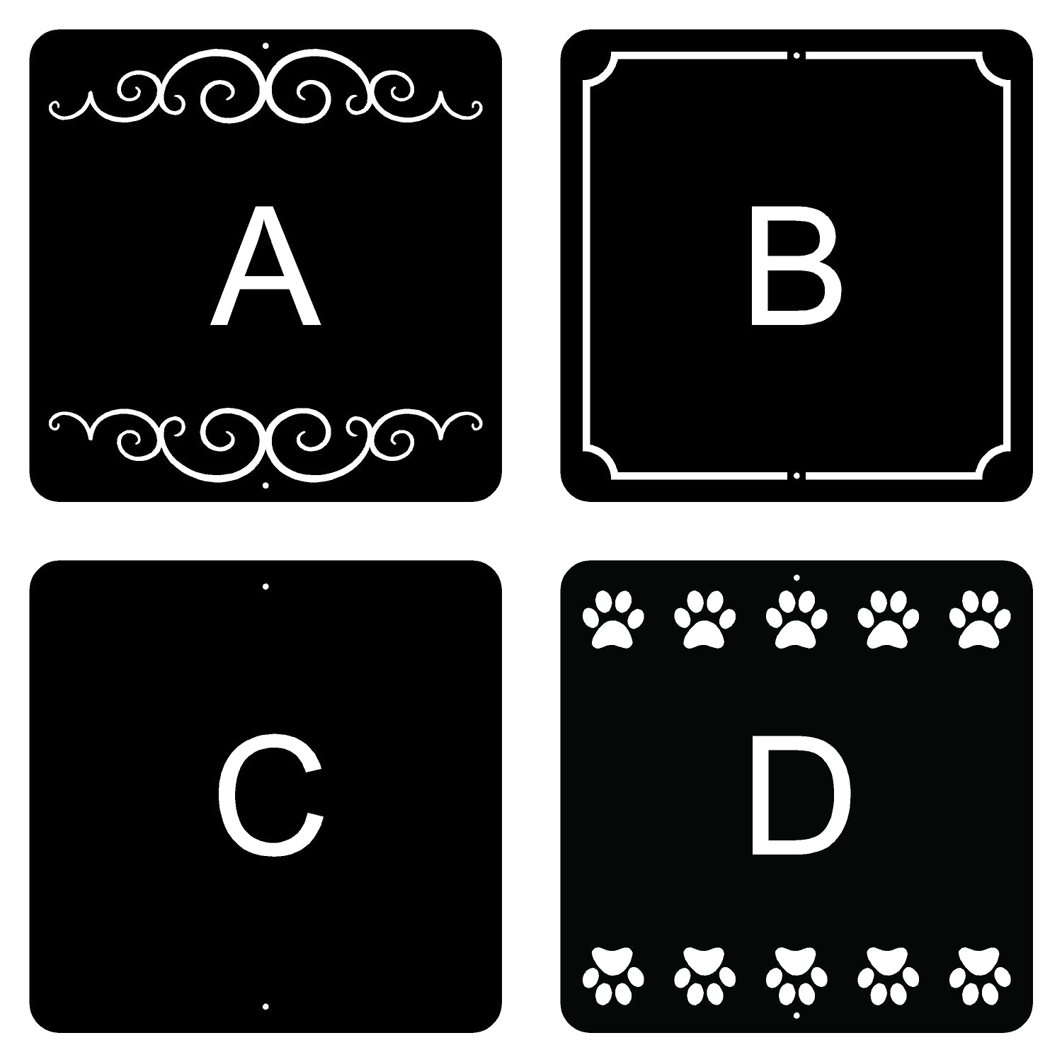 Four black square signs with white lettering and decorative elements on a white background.