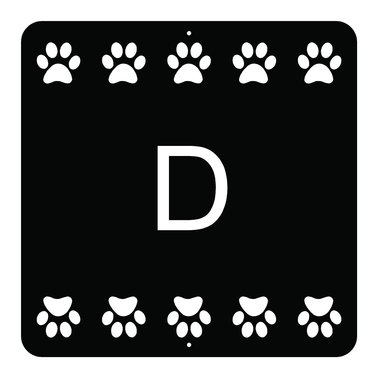 Black square with white paw prints and a letter 'D' in the center