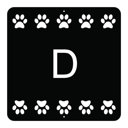 Black square with white paw prints and a letter 'D' in the center