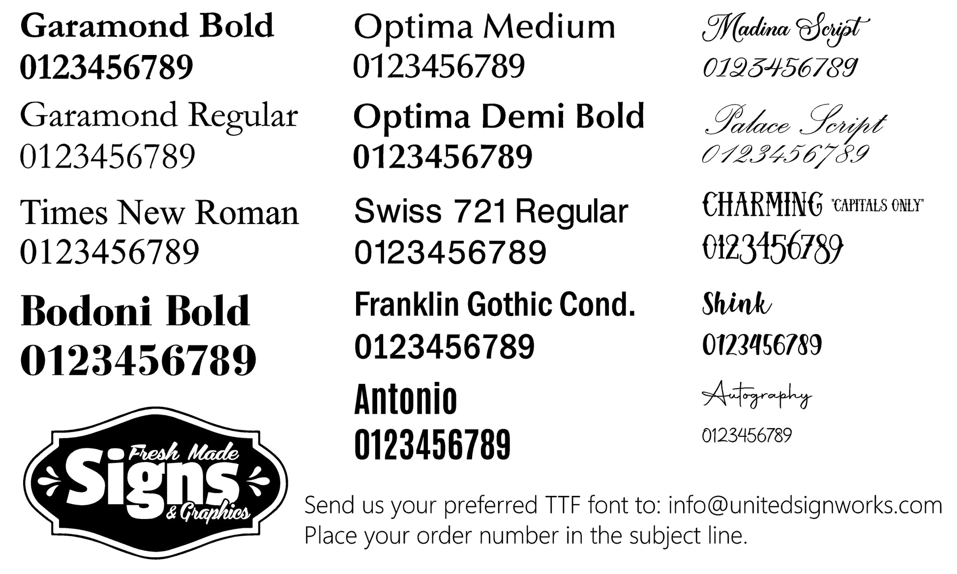 Collection of various font styles with placeholder text and contact information for Fresh Made Signs & Graphics.