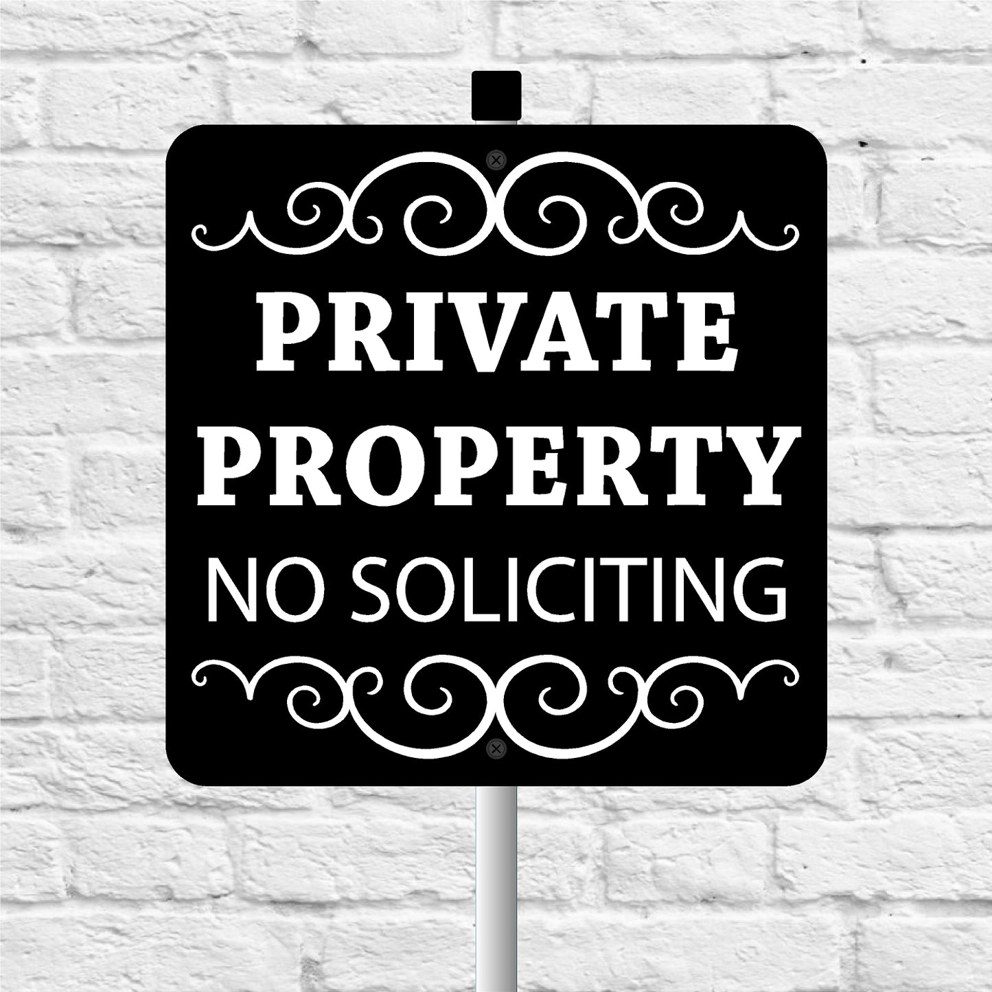 Black and white 'Private Property No Soliciting' sign on a white brick background