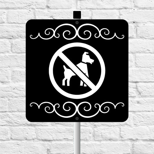 No dogs allowed sign with decorative elements on a white brick wall background