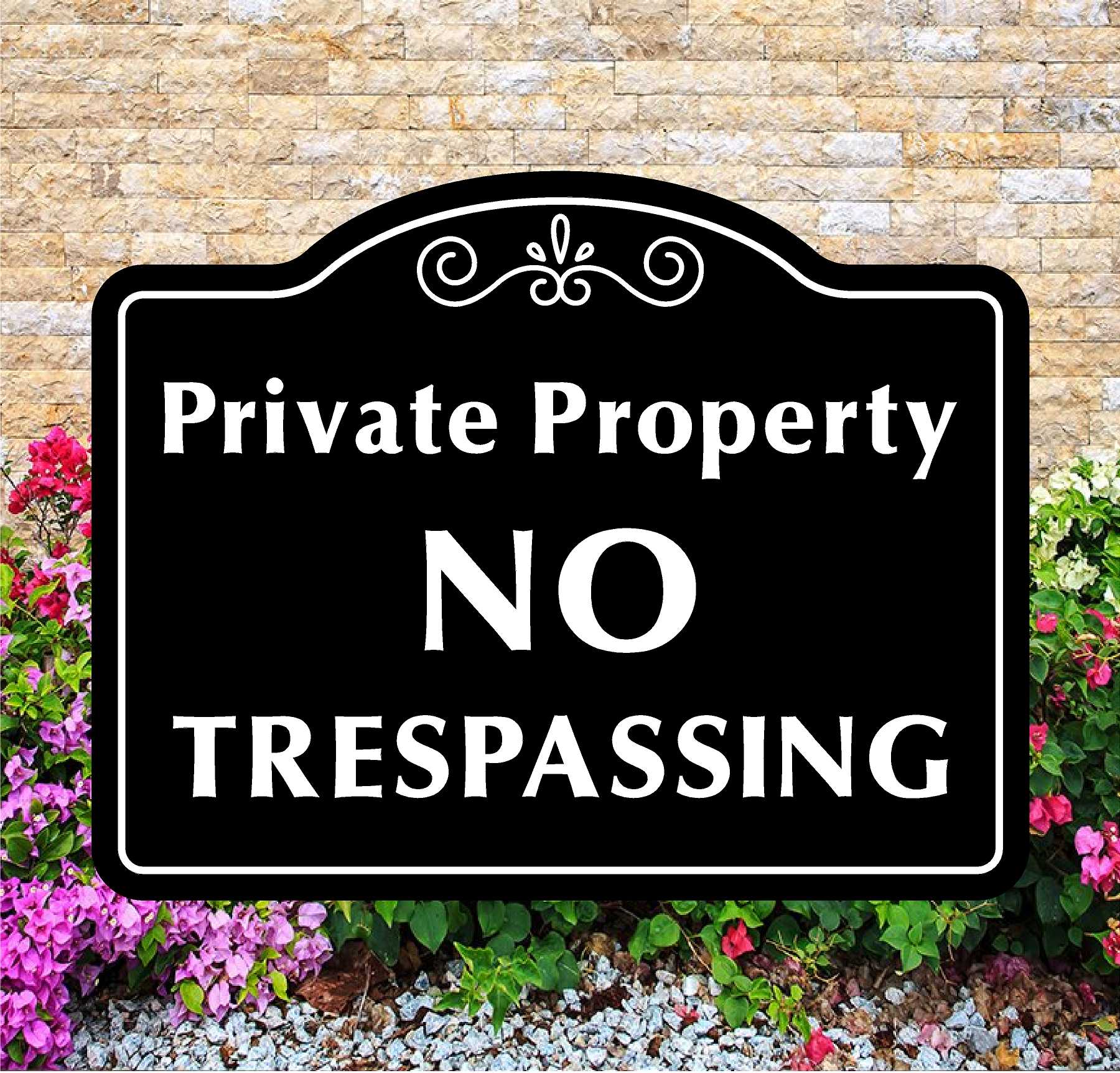 Private Property No Trespassing sign with decorative elements on a stone wall background.