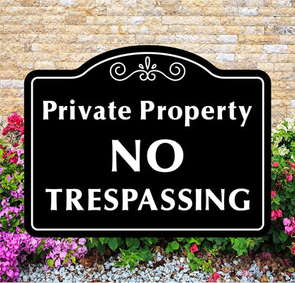 Private Property No Trespassing sign with decorative elements on a stone wall background.