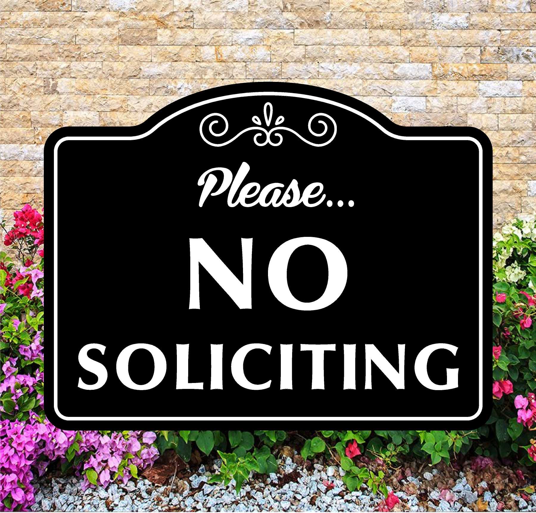 No soliciting sign with decorative elements on a stone wall background