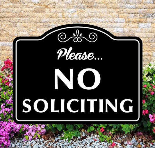 No soliciting sign with decorative elements on a stone wall background