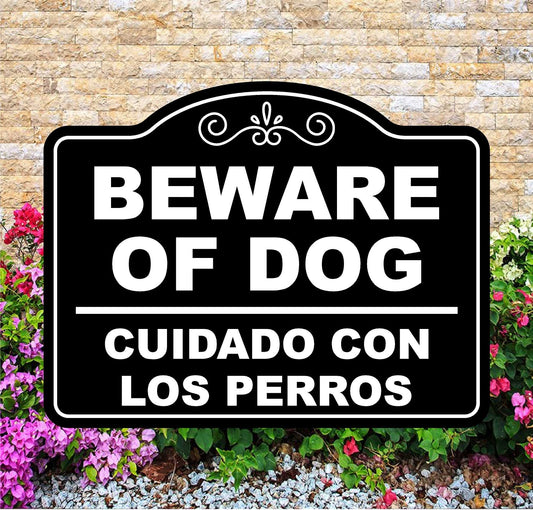 Beware of Dog sign with English and Spanish text on a decorative background