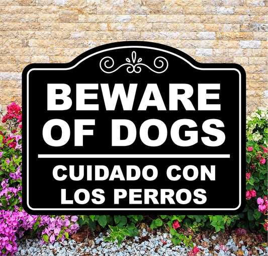 Beware of dogs sign with floral and stone background