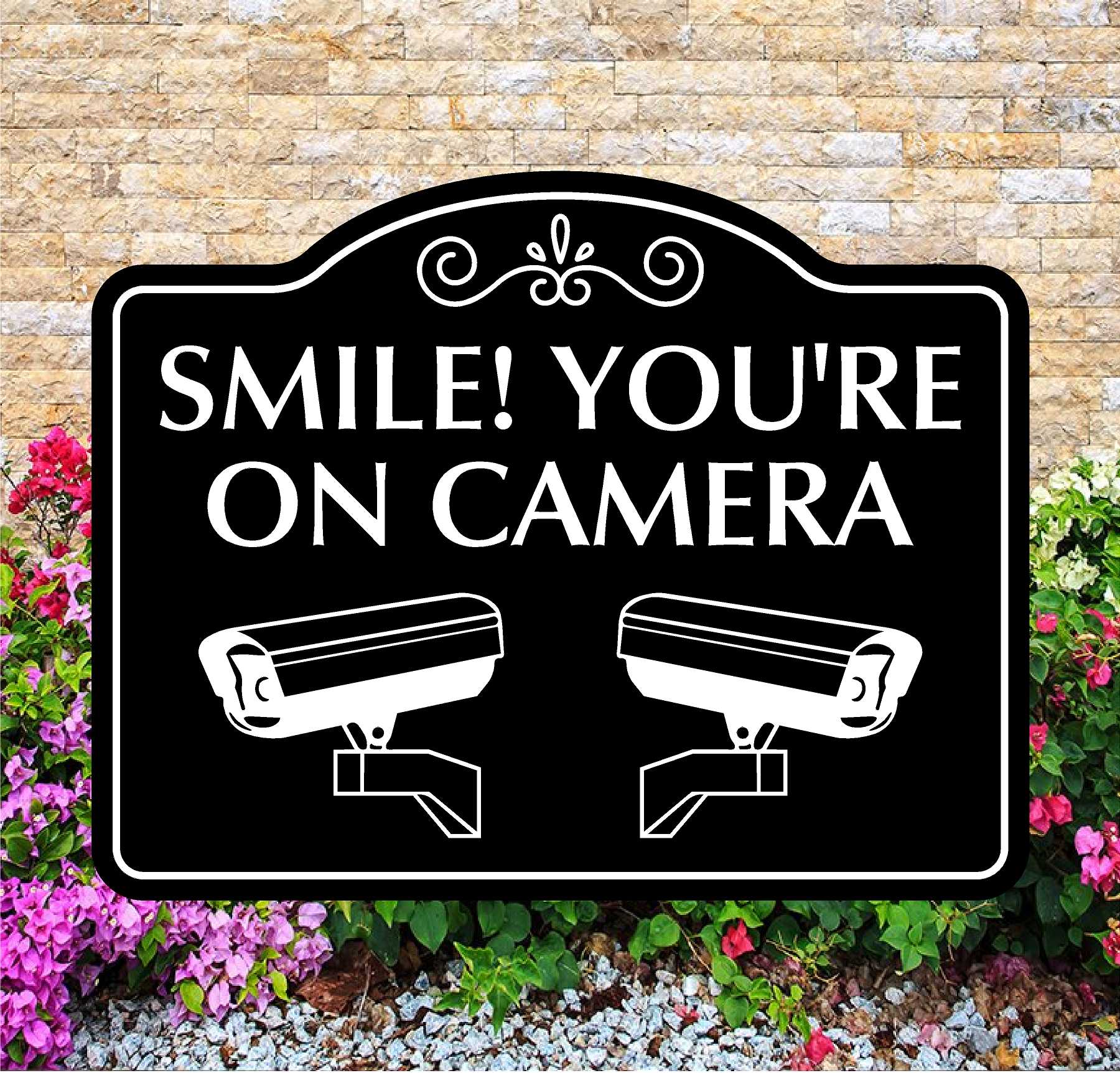 Outdoor security sign with 'Smile! You're on camera' text and camera icons, against a brick wall and flower background.