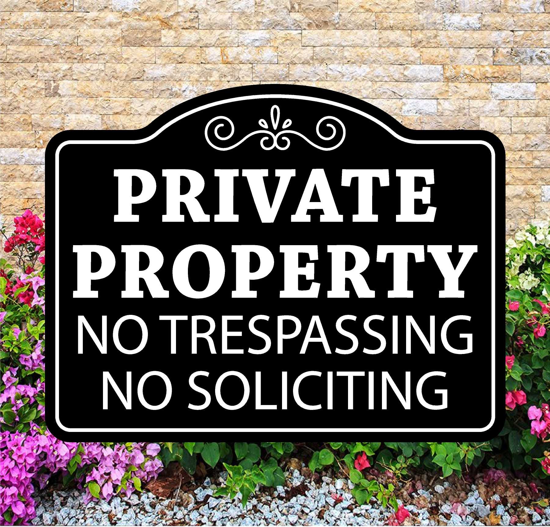 Decorative 'Private Property No Trespassing No Soliciting' sign with floral and stone background