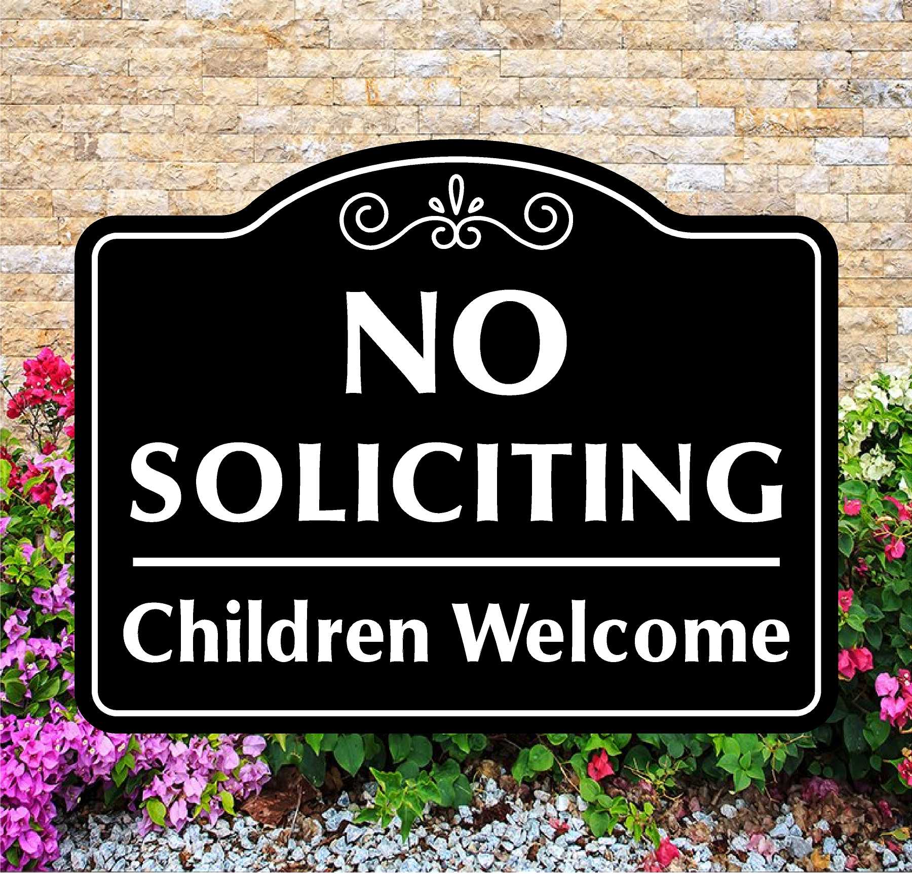 No Soliciting Children Welcome sign with decorative elements on a stone wall background.