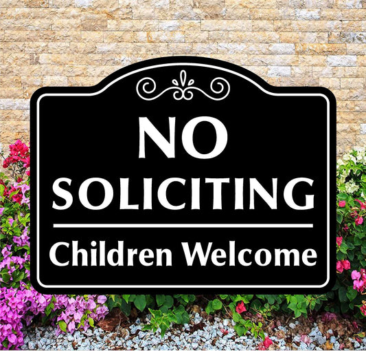 No Soliciting Children Welcome sign with decorative elements on a stone wall background.