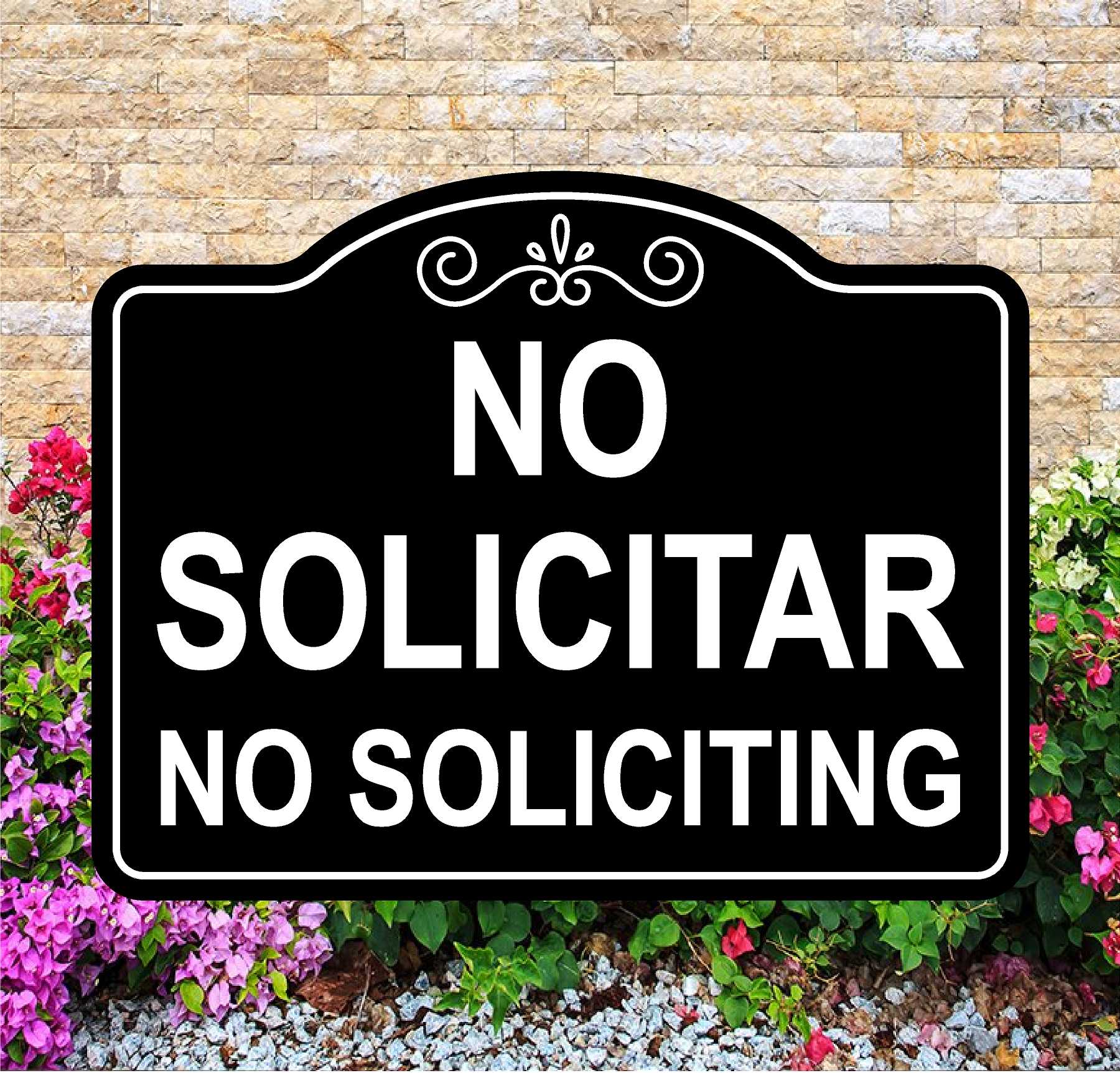No Soliciting sign with decorative elements on a stone wall background