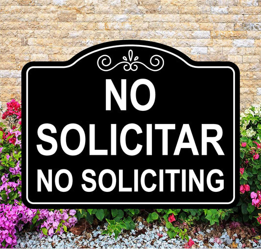 No Soliciting sign with decorative elements on a stone wall background