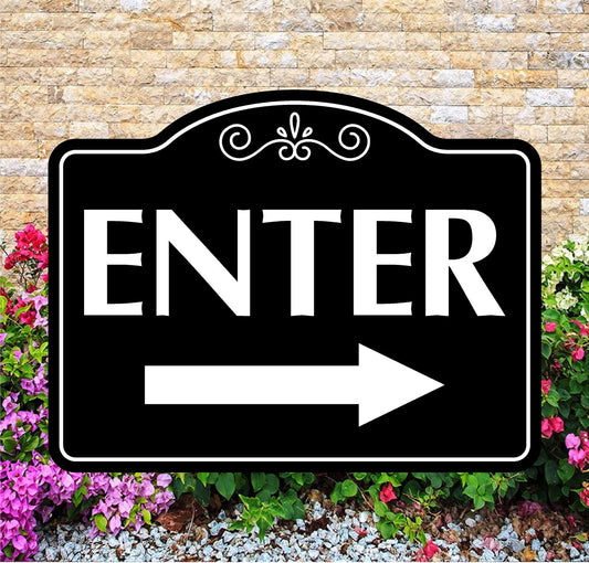 Decorative 'Enter' sign with an arrow on a stone wall background