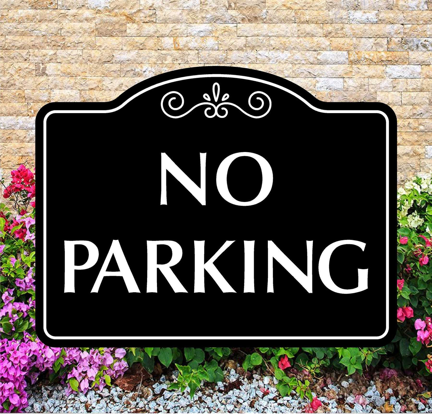 No Parking sign with decorative elements on a stone wall background