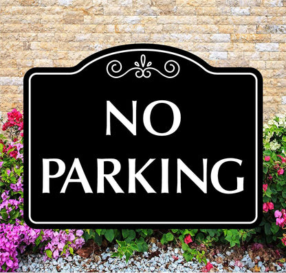 No Parking sign with decorative elements on a stone wall background