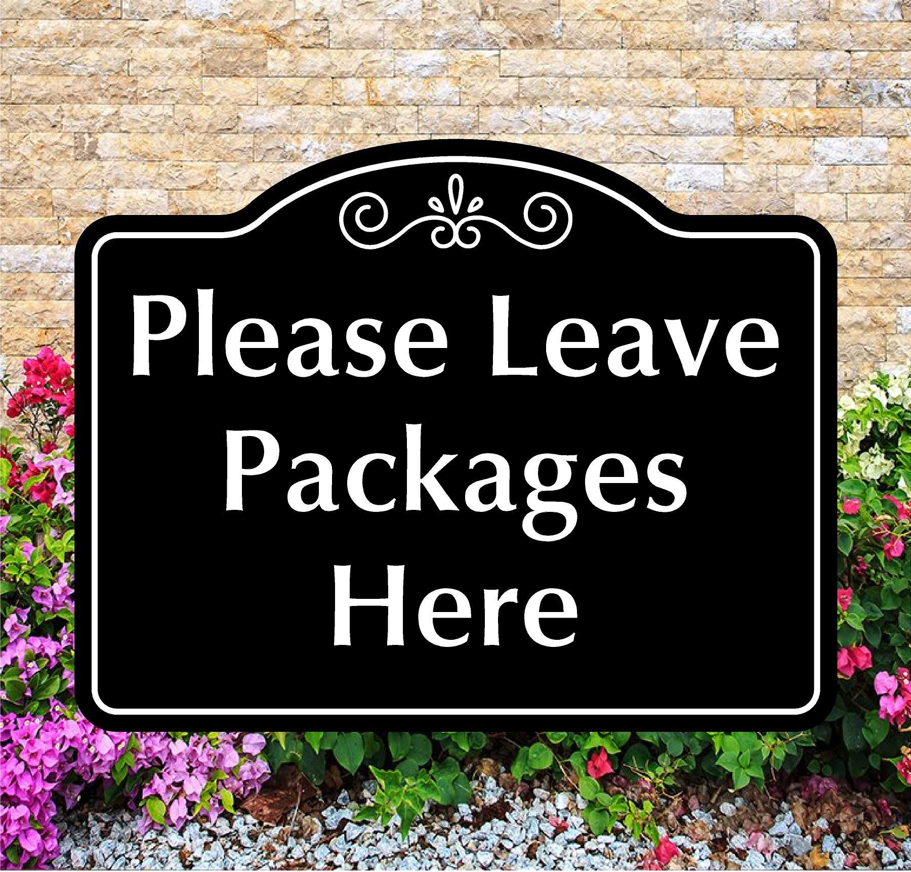 Decorative sign with 'Please Leave Packages Here' text in front of a brick wall and flowers.