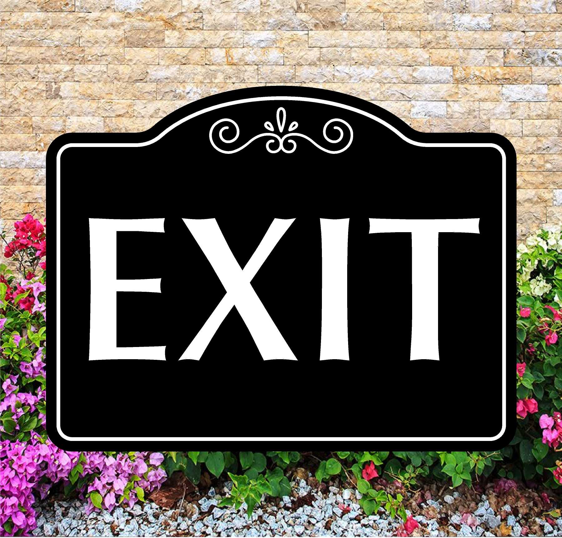 Decorative exit sign with floral and stone background