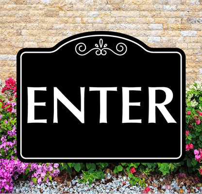 Decorative 'ENTER' sign with floral and stone background