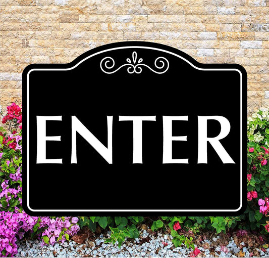 Decorative 'ENTER' sign with floral and stone background