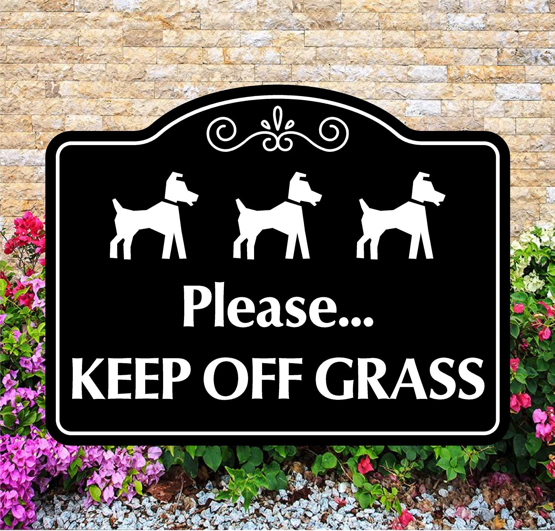 Decorative sign with dogs and 'Please Keep Off Grass' text against a brick wall and flower background