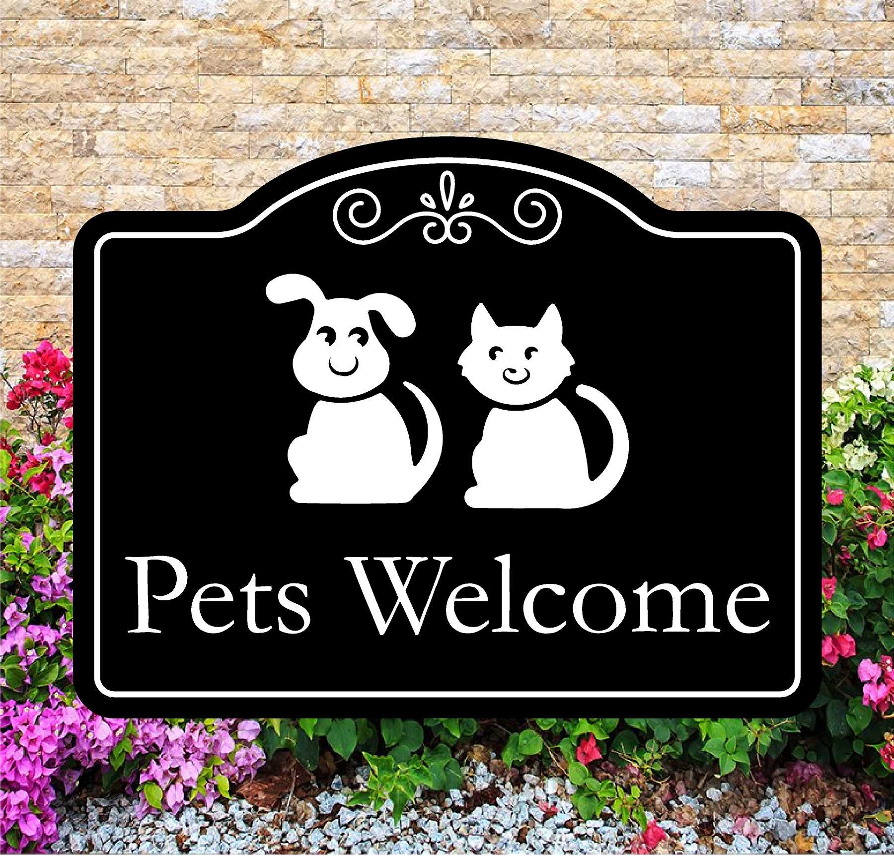 Decorative sign with a dog and cat illustration and 'Pets Welcome' text, set against a brick wall and floral background.