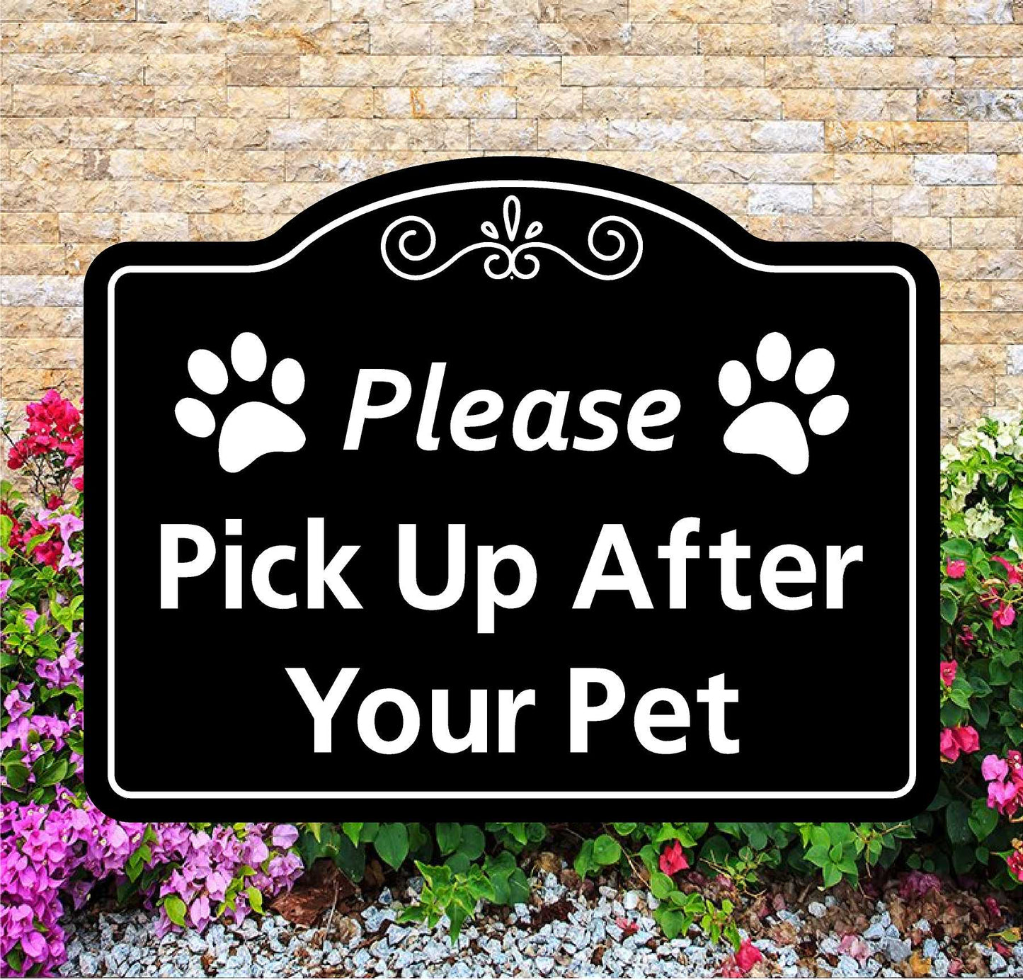 Sign with 'Please Pick Up After Your Pet' text on a decorative background