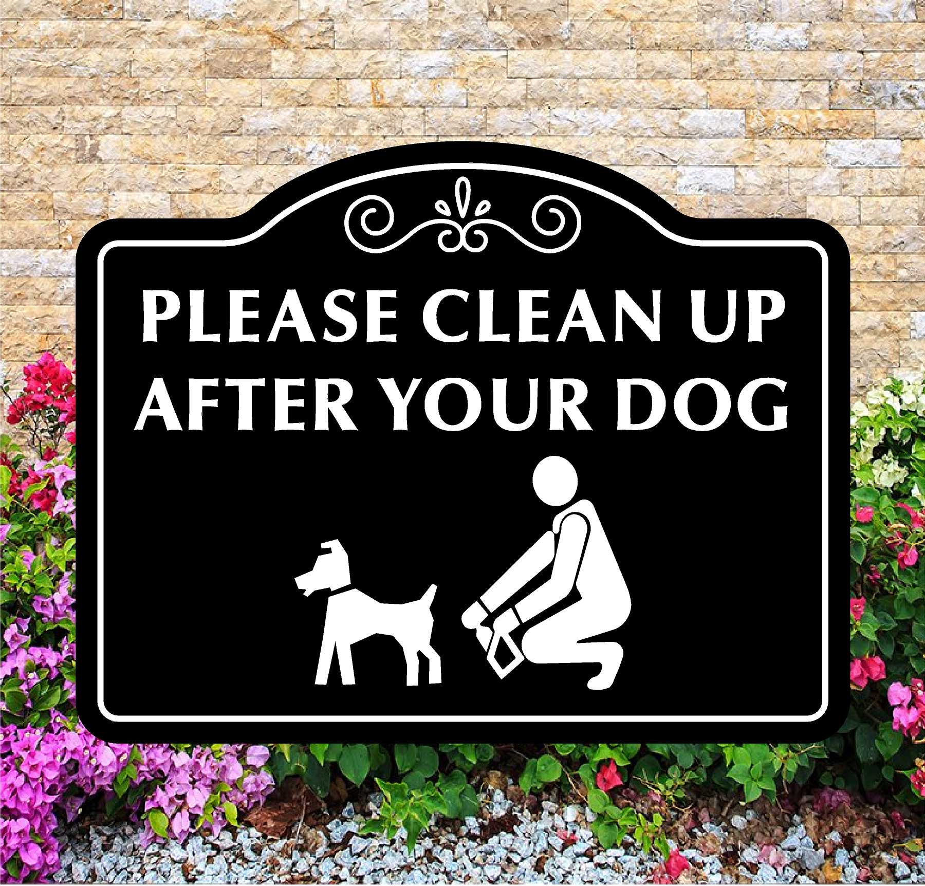Sign with a graphic of a person cleaning up after a dog, set against a brick wall and floral background.
