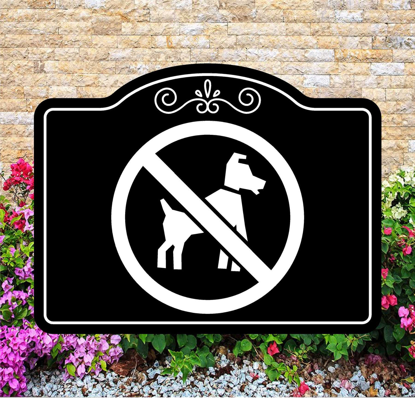 No dog pooping sign with decorative border on a stone wall background