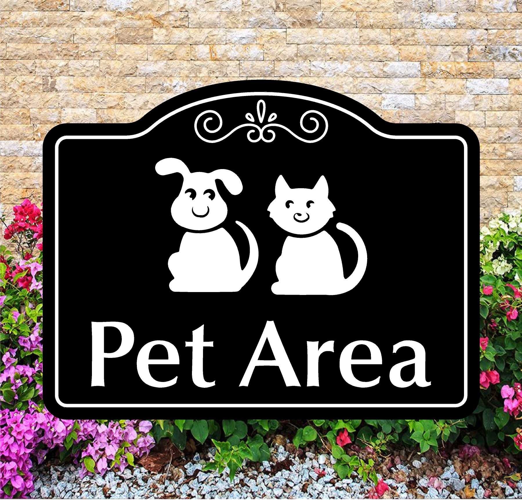 Decorative sign with a dog and cat illustration and 'Pet Area' text, set against a brick wall and floral background.