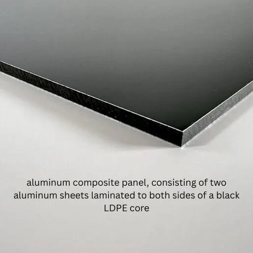 Aluminum composite panel with black LDPE core on a white background